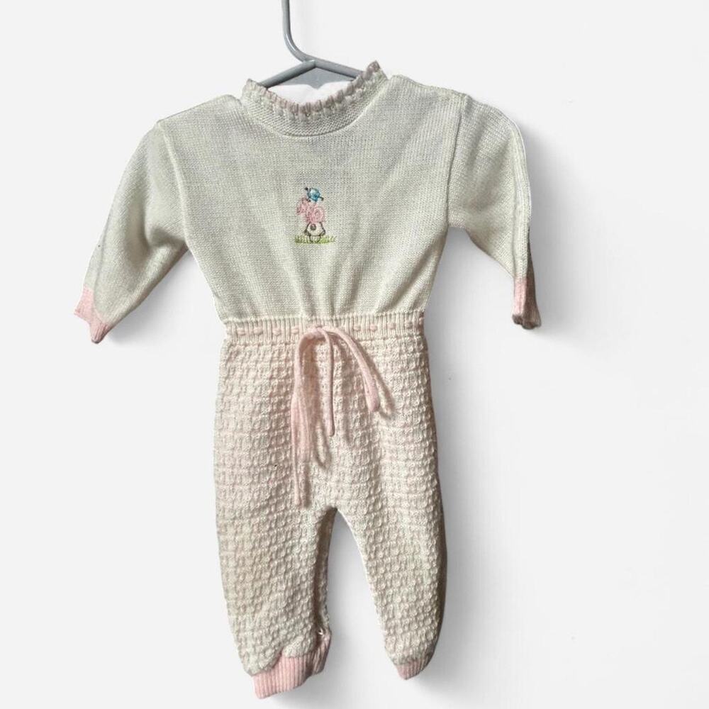 3-6 m Vintage French knit romper w embroidered mushroom, snail, watering can